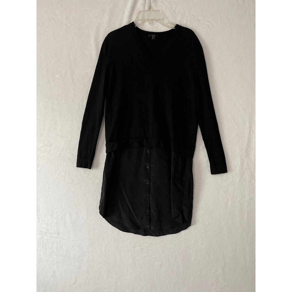 COS Women XS Black Mixed Media Layered Wool Sweater Silk Shirt Hem Tunic Dress